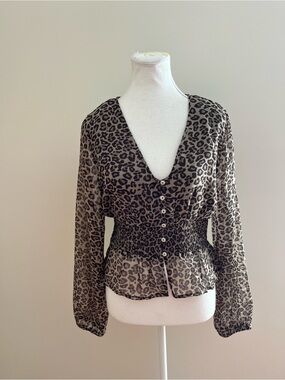 Leopard Print Smocked Waist Button-Front Blouse - Brown
